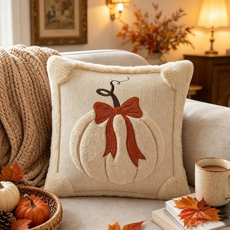Housse de Coussin Décorative Citrouille, Fausse Fourrure Couleur Rouille Double Face avec Broderie Citrouille, 45 x 45 cm, A (1/5)