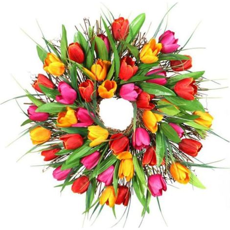Couronne de printemps UK – tulipes artificielles orange, Pâques, porte d’entrée Label (1/4)