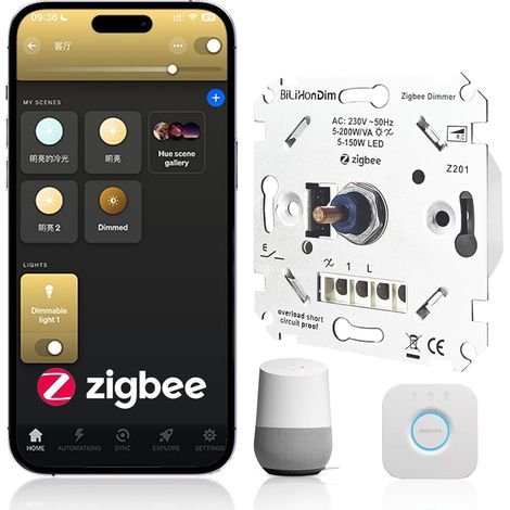 Zigbee Interrupteur mural rotatif 3.0 - LED 200 W - Avec connexion par bouton - Commande de coupure de phase pour lampes à intensité variable - Transformateurs et lampes - Sans conducteur (1/5)