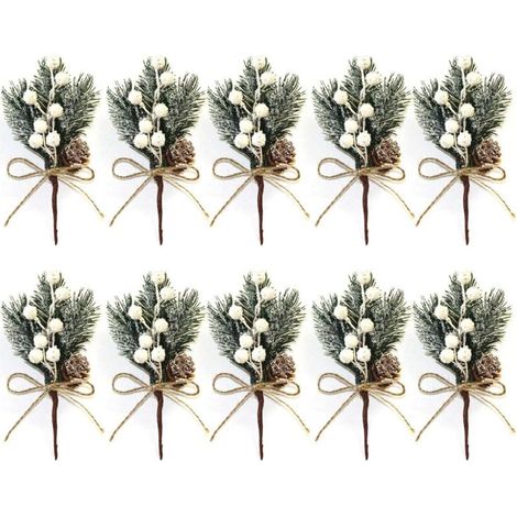Set mit 10 kleinen, 15 cm langen künstlichen weißen Weihnachtszweigen mit Beeren, Tannenzapfen, Stechpalmenzweigen und Weihnachtsblumen für Weihnachtskränze und als Dekoration für Vasen im Innenbereic (1/5)