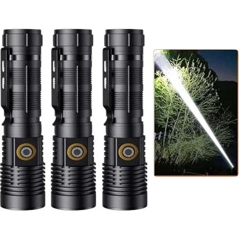Lot de 3 petites lampes torches tactiques Hoxida, LED ultra-lumineuse 2000 lumens, portée de 1500 m, rechargeables par USB, zoom, 5 modes, étanches, idéales pour la randonnée, le camping et les situat (1/4)