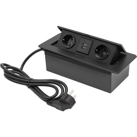 Recessed socket with 2 USB ports, 2 Euro multi-purpose table socket, black aluminum (1/4)