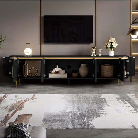 MODFU – Meuble TV 180x38x46 cm – 6 portes sans poignée – Passe-câbles – MDF – Pieds métal – 50 kg – Noir (1/5)