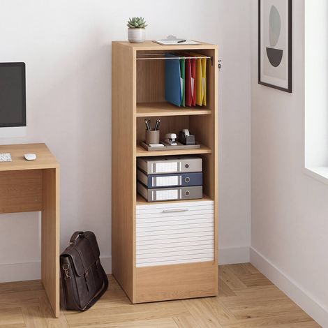 Mueble archivador con puerta enrollable con cerradura, 4 estantes, 110 cm de altura, blanco y madera (1/5)