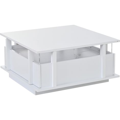 Mesa de centro cuadrada blanca 70 x 70 x 35 cm con 2 cajones, LED y acrílico (1/5)