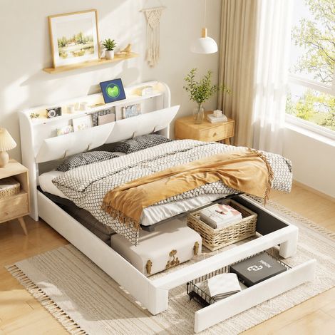 Lit coffre velours beige 140x200 cm, lit double avec rangement hydraulique et tiroir, tête de lit LED USB Type-C, sommier à lattes, meuble chambre adulte