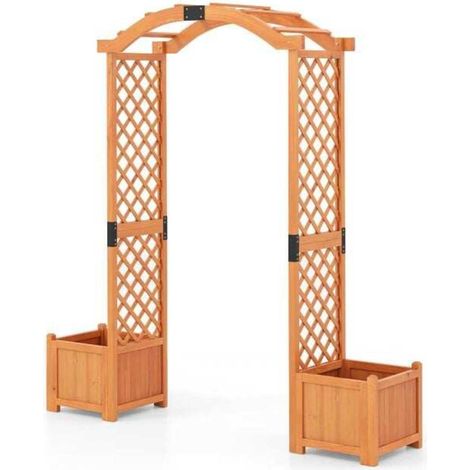 Arche de Jardin en Bois Naturel 201 cm avec 2 Jardinières et Treillis pour Plantes Grimpantes Pergola Extérieure (1/5)