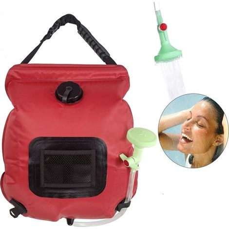 Douche solaire portable 20L – Sac de douche solaire avec tuyau et pommeau – Pour camping et activités en plein air – Rouge (1/5)