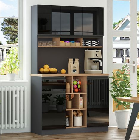 Buffet haut avec 3 compartiments, tiroir et rangement ouvert, 105x45x185 cm, anthracite et noir (1/5)