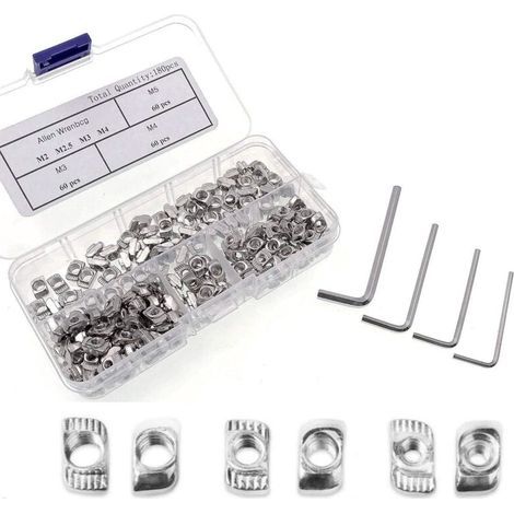 Lntyq 180 PCS Écrous T-Slot M3 M4 M5 en Acier au Carbone Écrous de Fente de T avec 4 Clés Allen, Tête de Marteau d'extrusion 2020 Kit écrou de Fixation pour Imprimante 3D (1/5)