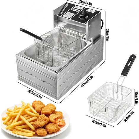 Friteuse Électrique 2500W, Friteuse électrique à cuve unique de 6 L, 220V Prise EU, Acier inoxydable, Pour Frites Poulet Maison etc