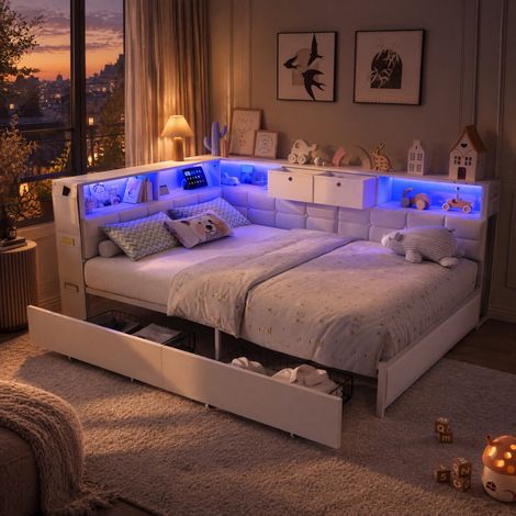 JOOKGBD-Letto imbottito 140x200 cm, letto matrimoniale con testiera imbottita in tessuto bianco, struttura in pannelli bianchi, 2 cassetti, mensole, porte USB, striscia LED RGB per camera da ragazzi (1/5)