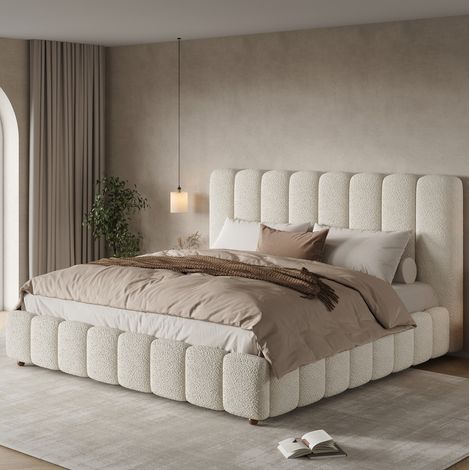 Cama tapizada 160 x 200 cm con somier y cabecero de bouclé blanco (1/5)