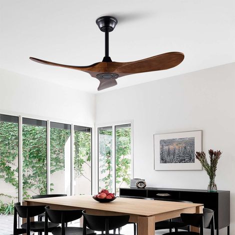 Ventilateur de plafond 42" avec 3 pales en bois, style hélice, télécommande et mémoire, finition noyer, moderne, pour intérieur/extérieur, terrasse, salon, chambre
