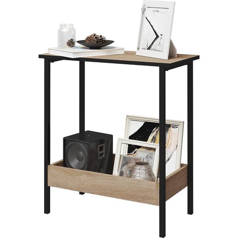 WOLTU Coffee Table. Side Table with 2 Shelves. Bedside Table Easy Assembly. Living Room Table. Small Table with Black Frame and Light Oak Shelves. 50x55x25cm (1/5)
