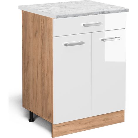 Küchenschrank R-Line, Weiß Hochglanz, 60 cm AP Marmor, Vicco
