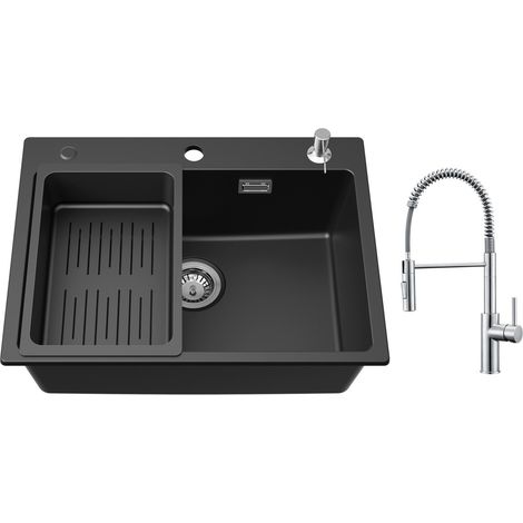Lavello in Quarzo e Resina 60 x 45 cm, con Cestello con Scarico Libero e Dispenser Sapone + Miscelatore Cucina a Molla con Doccetta Estraibile, 2 Modalità di Uscita Acqua, Spazzolato (1/5)