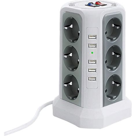Multiprise électrique 12 prises + 5 USB – protection surtension 1500J – câble 2m ignifuge – interrupteurs indépendants – bureau maison – Blanc (1/5)
