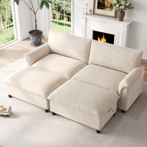 Canapé modulable convertible 216x77x82 cm beige en chenille avec pouf mobile et rangement (1/5)