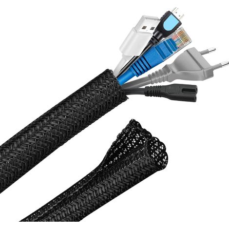 Gaine de protection de câble ajustable, gaine tressée PET de 3 m, protection et gestion des câbles pour TV, PC, USB - Diamètre 12-20 mm, noire (1/5)
