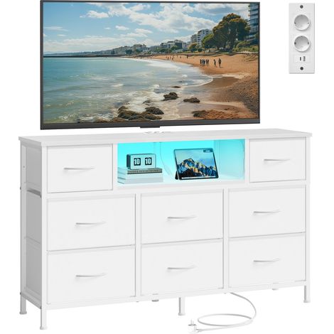 Commode, Meuble de Rangement avec LED et Prises, 8 Tiroirs en Tissu, Étagère Ouverte, 113,8 x 30 x 68,1 cm, pour Chambre, Salon, Blanc Nuage (1/5)