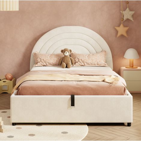 Lit enfant rembourré en velours beige 140x200 cm avec tête de lit, coffre hydraulique et sommier à lattes (1/5)