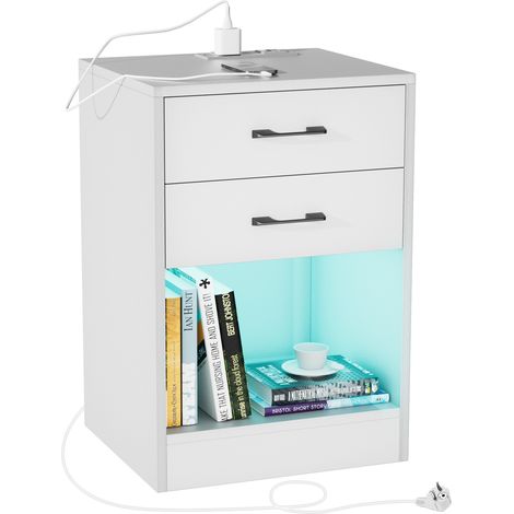 Haloyo® Tables de Chevet, Table d'appoint avec Station Charge, Table de Nuit avec LED, avec 2 tiroirs, poignée, compartiment ouvert, 40x35x60cm, blanc (1/5)