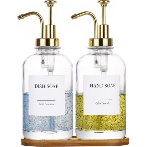 Set di 2 dispenser di sapone in vetro da 500 ml, con pompa dorata, vassoio in bambù, imbuto e 18 adesivi. Dispenser trasparente per cucina e bagno. (1/5)