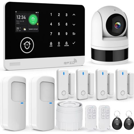 Drahtlose Alarmanlage mit Kamera, WLAN/GSM-SMS-Heimsicherheitssystem mit Bewegungsmelder, 120-dB-Alarmsirene, intelligenter Fernbedienung (13-teilig) (1/5)
