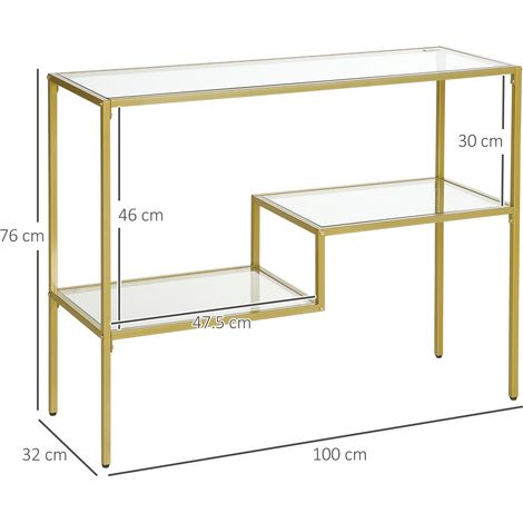 Console en acier et verre trempé à 3 niveaux, 100 x 32 x 76 cm, couleur or (1/5)