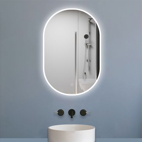 Aica Miroir de salle de bain ovale 60x90cm, mémoire + dimmable + anti-buée, IP44, 6000K blanc froid