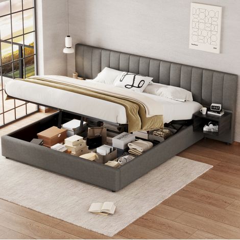 lit coffre 180x200 avec 2 chevets, lin gris HAVRYA (1/5)