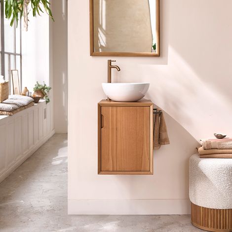 Berah Getah – Lave main suspendu en teck massif 40 cm – Résistant à l'humidité – Design minimaliste pour intérieur moderne – Dimensions 35x40x45 cm (1/5)