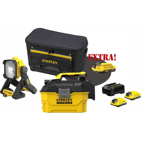 Kit Aspiratore per solidi e liquidi a batteria 18V SFMCV002B V20 + Lampada LED da cantiere 18V V20 SFMCL030B + Set energia + EXTRA OMAGGI FATMAXB. STANLEYB.