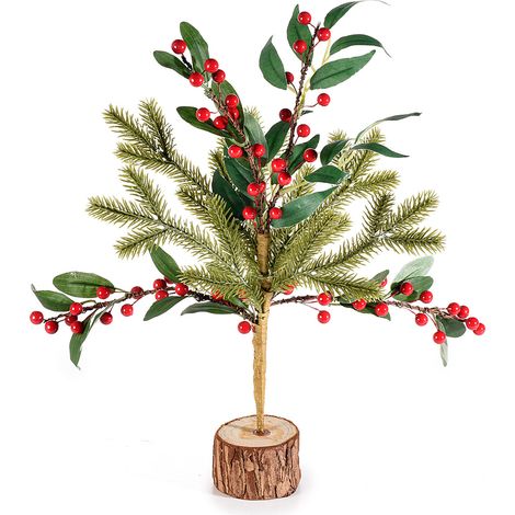 Alberi di Natale artificiali decorativi con rami di pino e bacche rosse su base in tronchetto di legno, set da 4 pezzi, cm 38 H