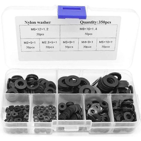 Kit de 350 rondelles plates isolantes en nylon noir, assortiment de rondelles d'espacement rondes, tailles M2, M2.5, M3, M4, M5, M6 et M8. (1/5)