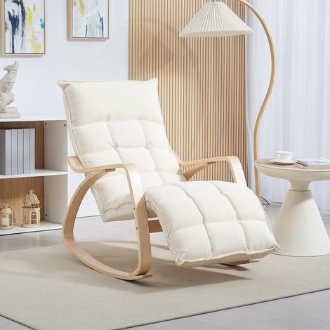 Fauteuil à Bascule avec Repose-Pieds, Dossier Réglable, Tissu Polyester, Blanc Crème (1/5)