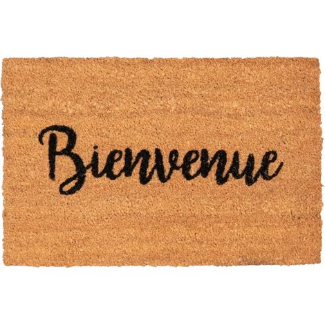 Paillasson 40 x 60 cm, motif texte sculpté en relief, orange et noir, fibres végétales naturelles, accueil chaleureux
