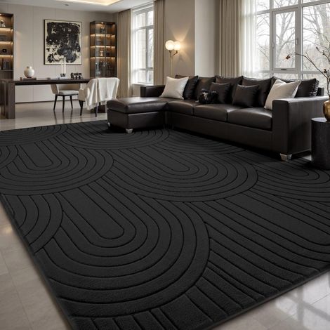 Tapis de Salon, 200x300cm, 3D à Motif Semi-Circulaire, Noir, Lavable, Moelleux, antidérapant, pour Chambre à Coucher, Chambre d'enfant (1/5)