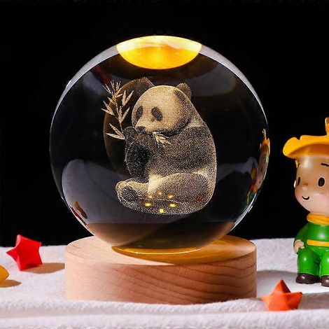Veilleuse boule de cristal 3D avec socle en bois, lampe LED de 80 mm avec motif panda gravé, idéale pour la décoration intérieure et les cadeaux. (1/5)