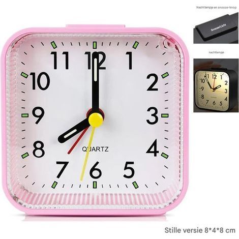 Ynkkvre - Réveil analogique silencieux – Sans tic-tac – Fonction snooze et veilleuse – Réveil de voyage compact – Chiffres phosphorescents – Rose (1/5)