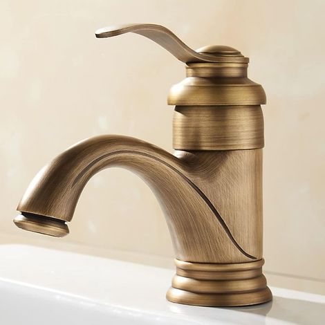 Robinet de lavabo vintage en laiton, laiton antique avec détails noirs, poignée unique, montage sur plage, style classique, économie d'eau (1/5)