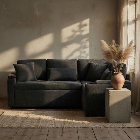 Canapé d'angle en L, avec espace de rangement, porte-verres, prise USB, tablette d'appui-bras et quatre coussins,gris (1/5)