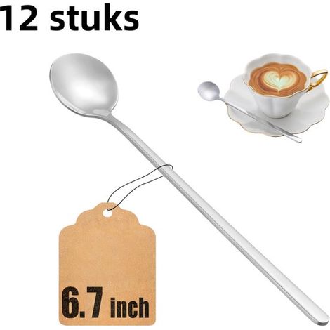 12 pièces - Cuillères - Cuillères en acier inoxydable à long manche - Convient pour le café, le miel, les desserts - Cadeau idéal - 17 cm - argent (1/5)