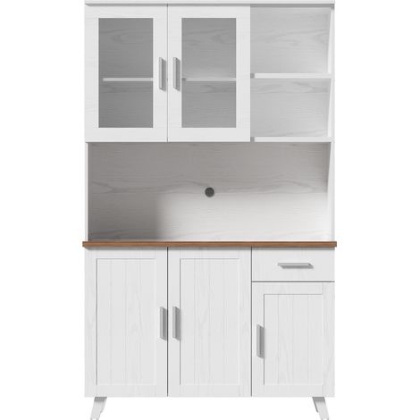 Buffet haut blanc effet bois 114 x 40 x 190 cm avec vitrine et tiroir (1/5)