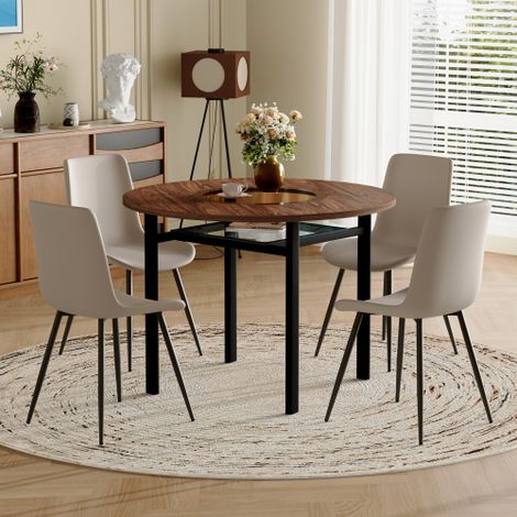 Ensemble table ronde minimaliste moderne (avec compartiment de rangement intégré et 4 chaises en polyuréthane gris chaud), table ronde de 100 cm de diamètre aspect bois brun, convient aux salles à man