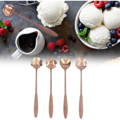Edelstahl-Blumenlöffel, Eislöffel mit langem Griff, Rührlöffel, vergoldete Kirschblütenlöffel, herzförmige Löffel, Teelöffel, Roségold (1/5)