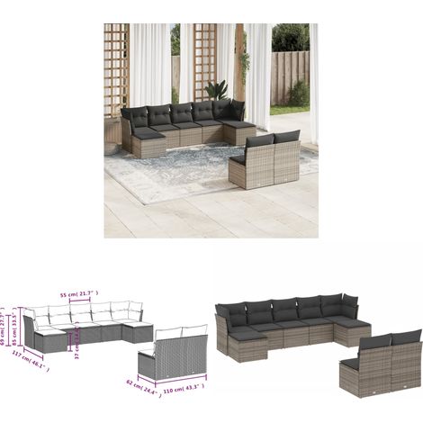 Salon de jardin 9 pcs avec coussins gris résine tressée - Salon De Jardin - Canapé Extérieur - Ensemble Salon De Jardin - Meuble De Jardin - Mobilier De Jardin - Home & Living (1/3)