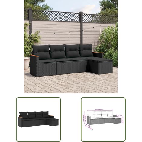 The Living Store Salon de jardin 5 pcs avec coussins noir résine tressée - Ensemble Salon De Jardin - Salon Extérieur - Mobilier De Jardin - Canapé Jardin - Résine Tressée (1/3)