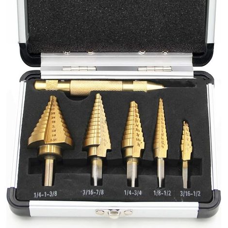 Lot de 6 forets étagés HSS et grains automatiques, avec revêtement en titane et boîtier en aluminium, kit de forets étagés multi-trous pour plastique, bois, métal (1/5)